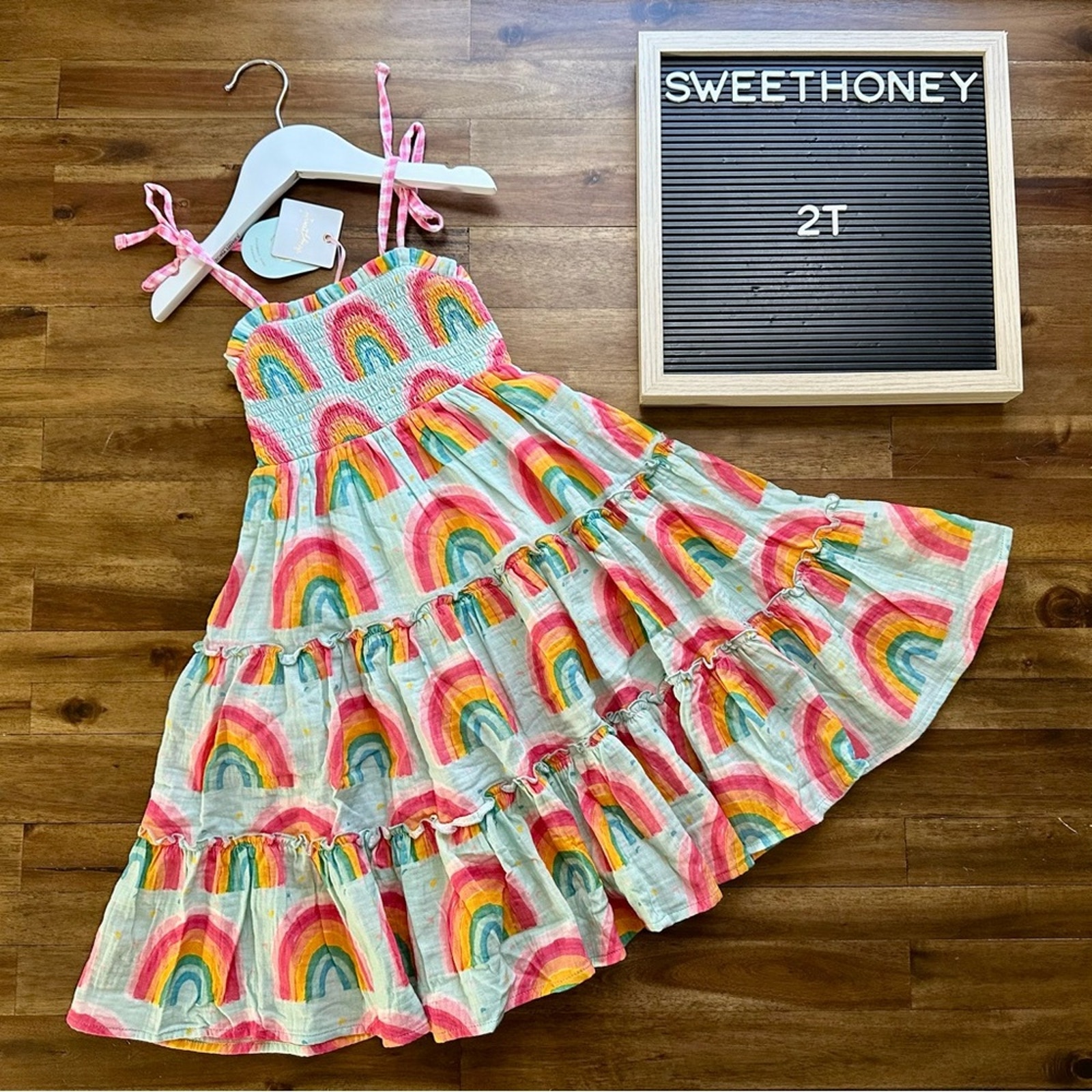 NWT SweetHoney Green Rainbow Sleeveless Spaghetti Strap Maxi Tiered Beach Dress