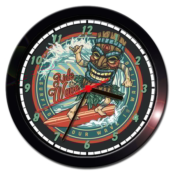 RIDE THE WAVE TIKI BAR SURFER RETRO SURFBOARD WALL CLOCK