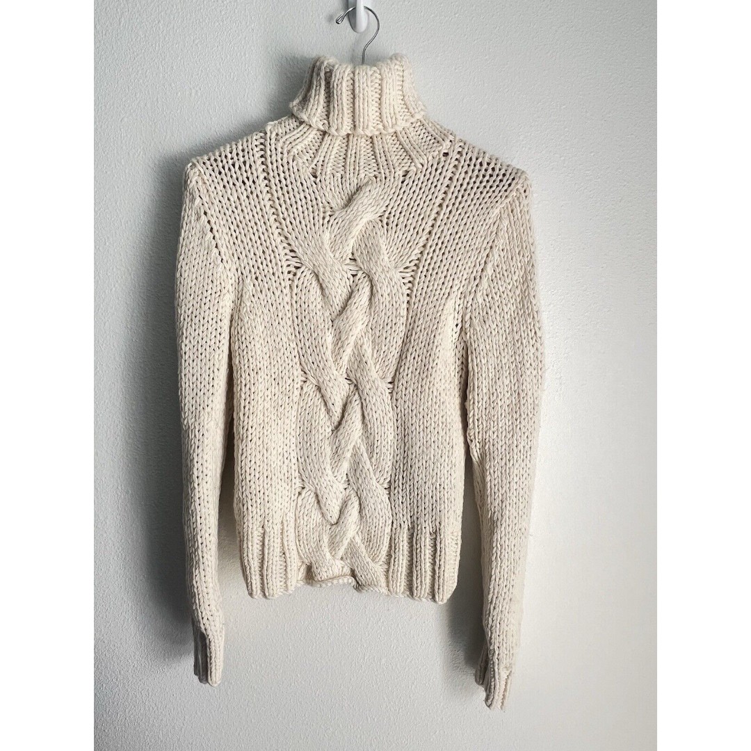 J Crew 100% Wool Aran Style Cable Knit Fisherman Hand Knit Turtleneck Sweater M