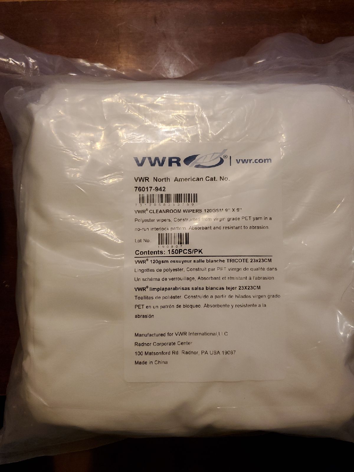 VWR CLEANROOM WIPES 120 GSM 9 ×9 150 pcs/pk