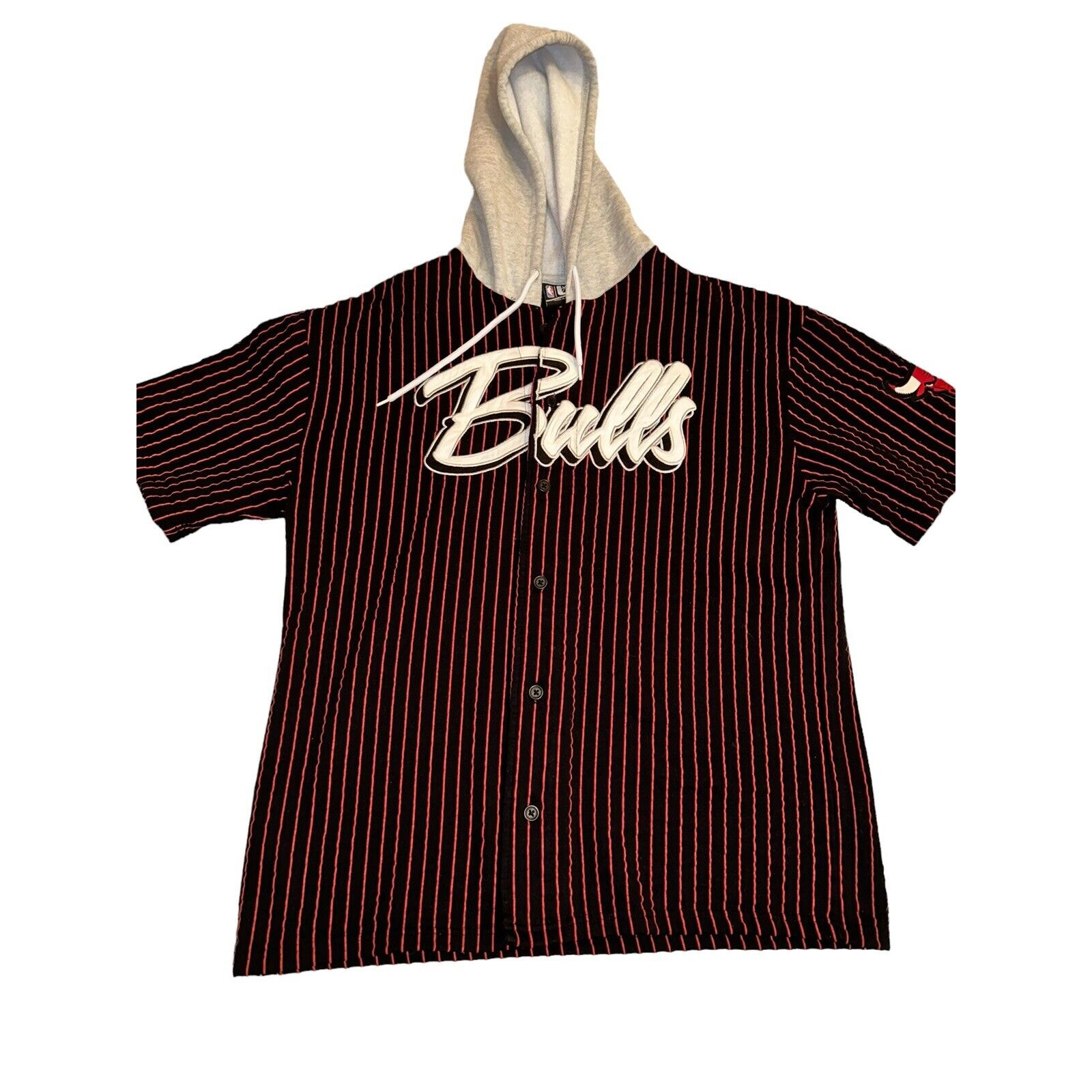 VTG NBA Bulls Hooded Shirt Jacket Mens L Black Red Striped Spellout Arm Patch