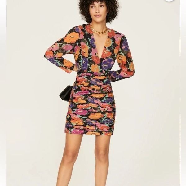 Rixo Black Silk Golden Floral Ruched Mini Dress | Size 6