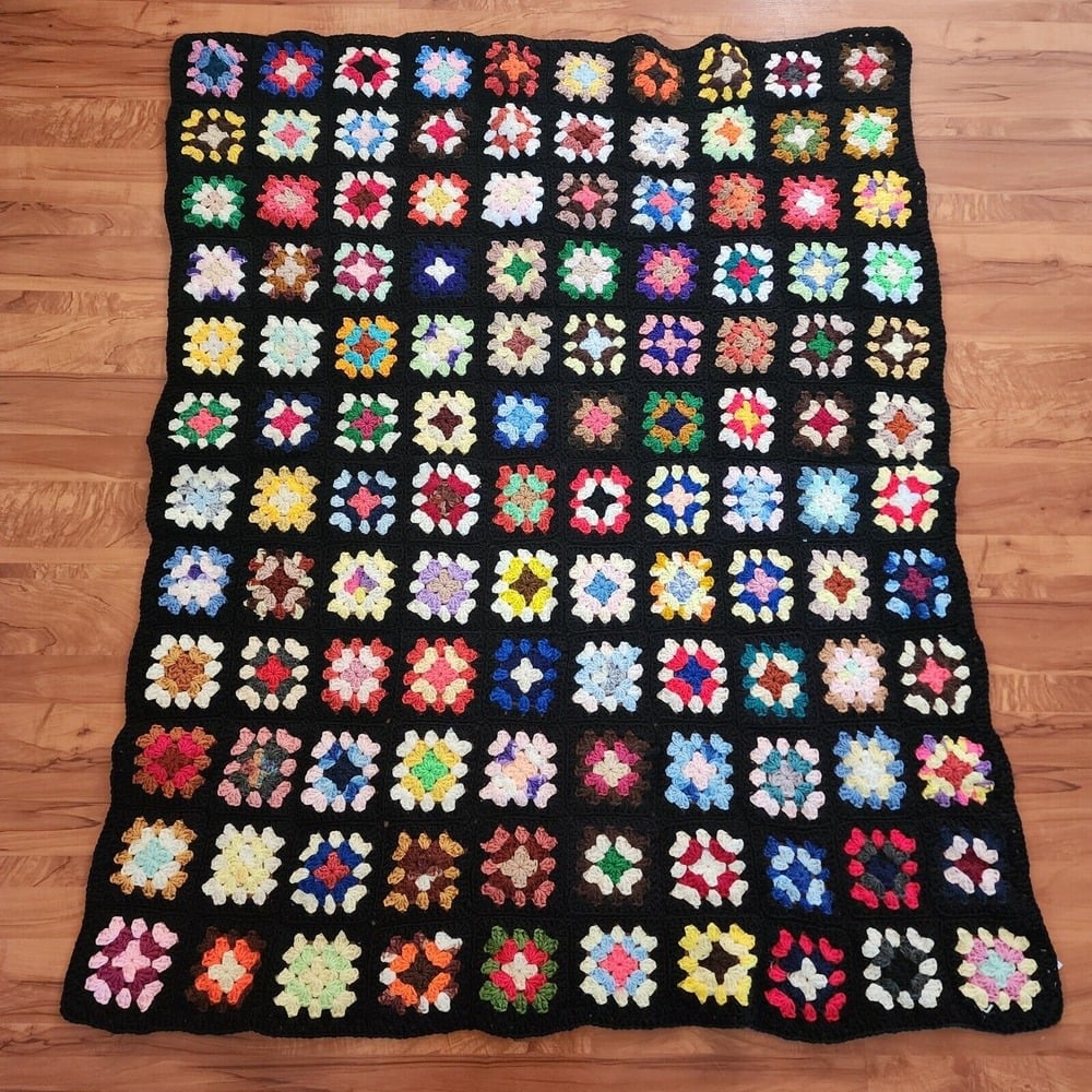 Vintage Crochet Afghan Granny Multicolor Square Blanket 49 X 59 Couch Throw