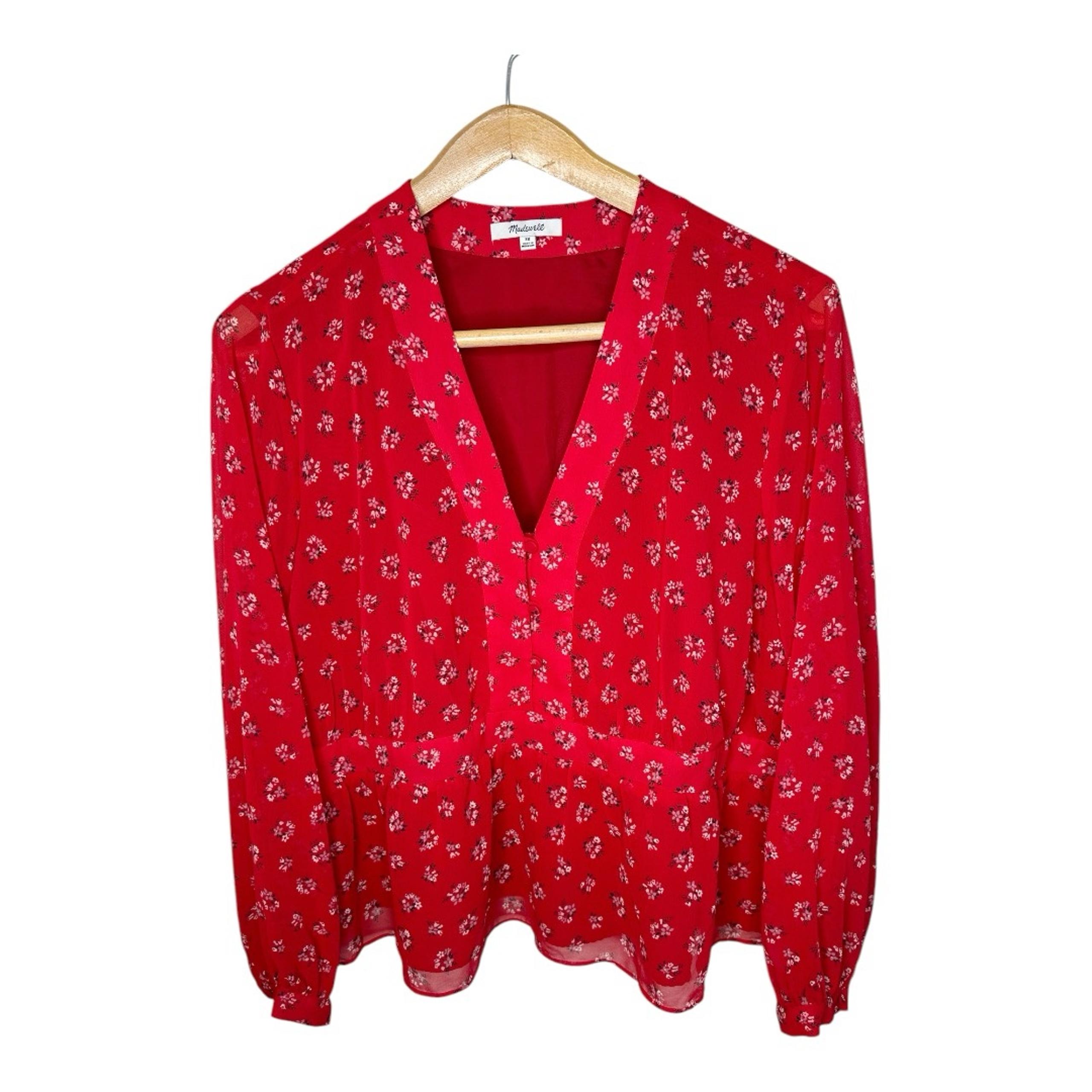 Madewell V-neck Peplum Top In Little Lillies Size 3X Red Floral Chiffon