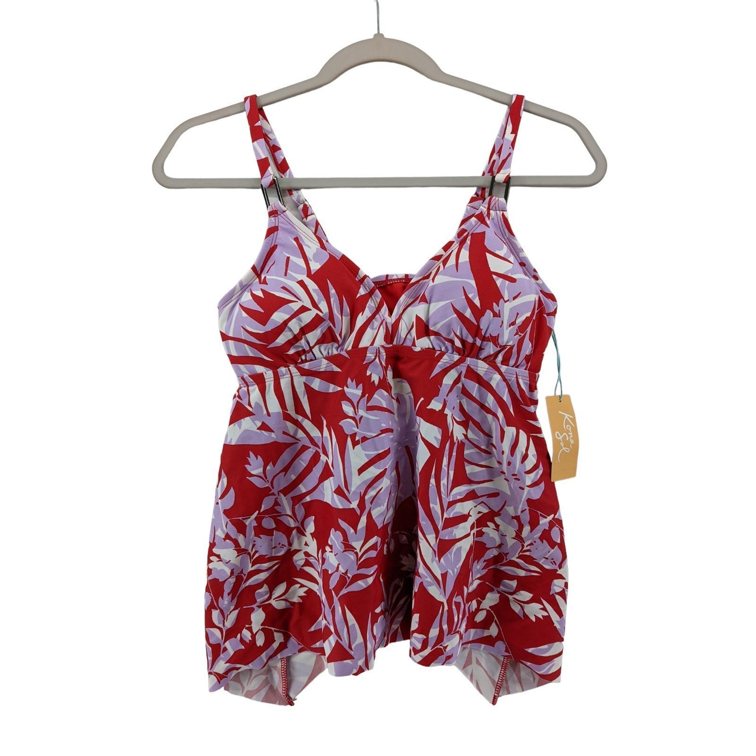 Kona Sol Tankini S Red Purple Palm Plant Tropical Swimsuit Top Deep VNeck Modest