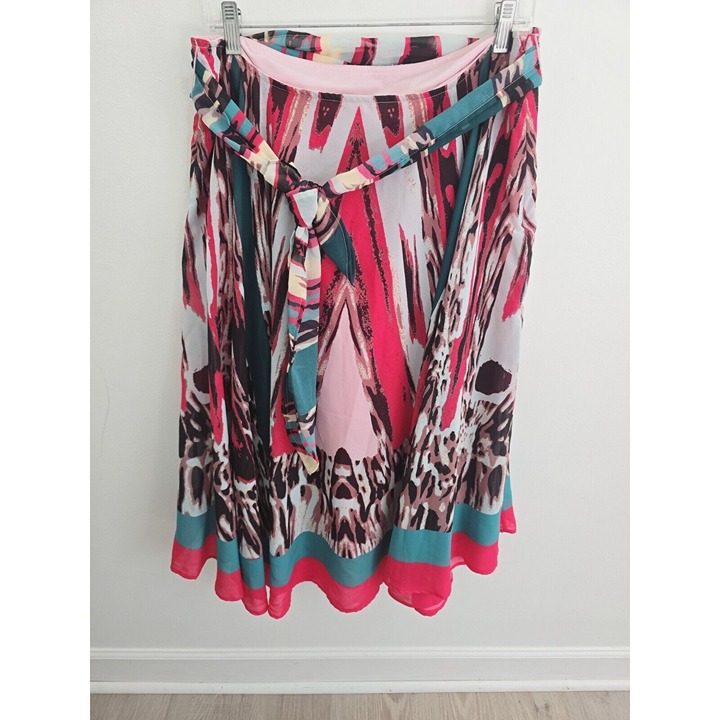 J Peterman Animal Print Cotton Lined A-line Full Flowy Midi Belted Skirt 12 M