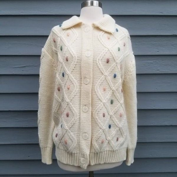 Vintage 70s Pastel Dots Cream Acrylic Fisherman Button Down Cardigan Sweater Lg