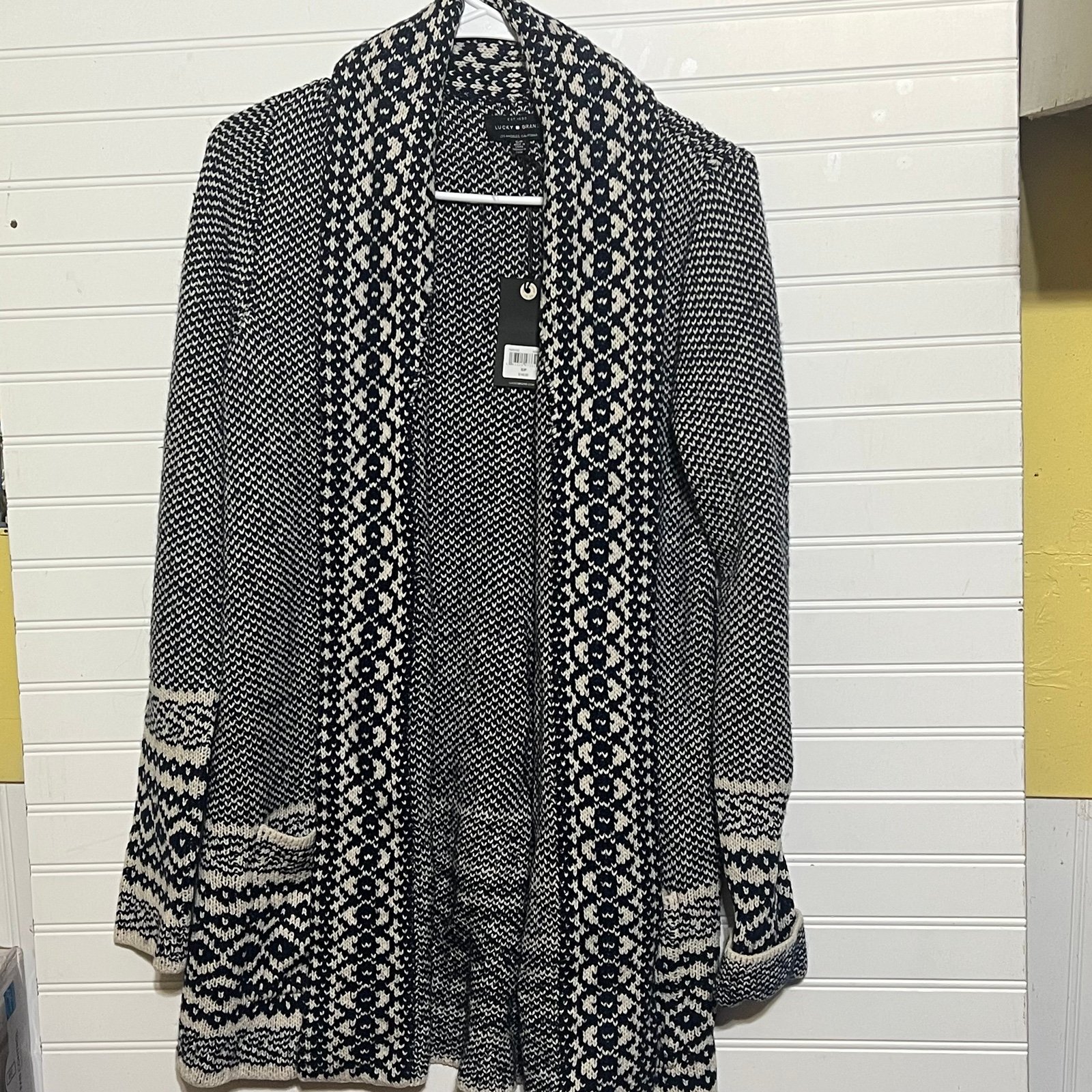 NWT Lucky Brand Open Front Blue/Cream Open Front Knit Geometric Cardigan Size S