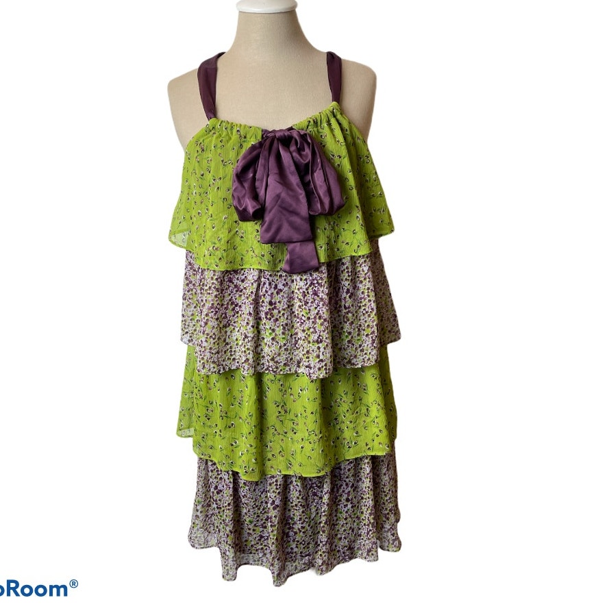 Allen B Green Purple Green Tiered Ruffle Skirt Ribbon Strap Boho Dress Size 4