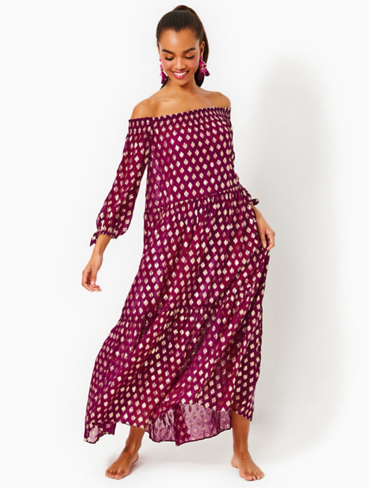 NWT Lilly Pulitzer Dayla Off-the-Shoulder Maxi Cover-Up Amarena Cherry Sz L