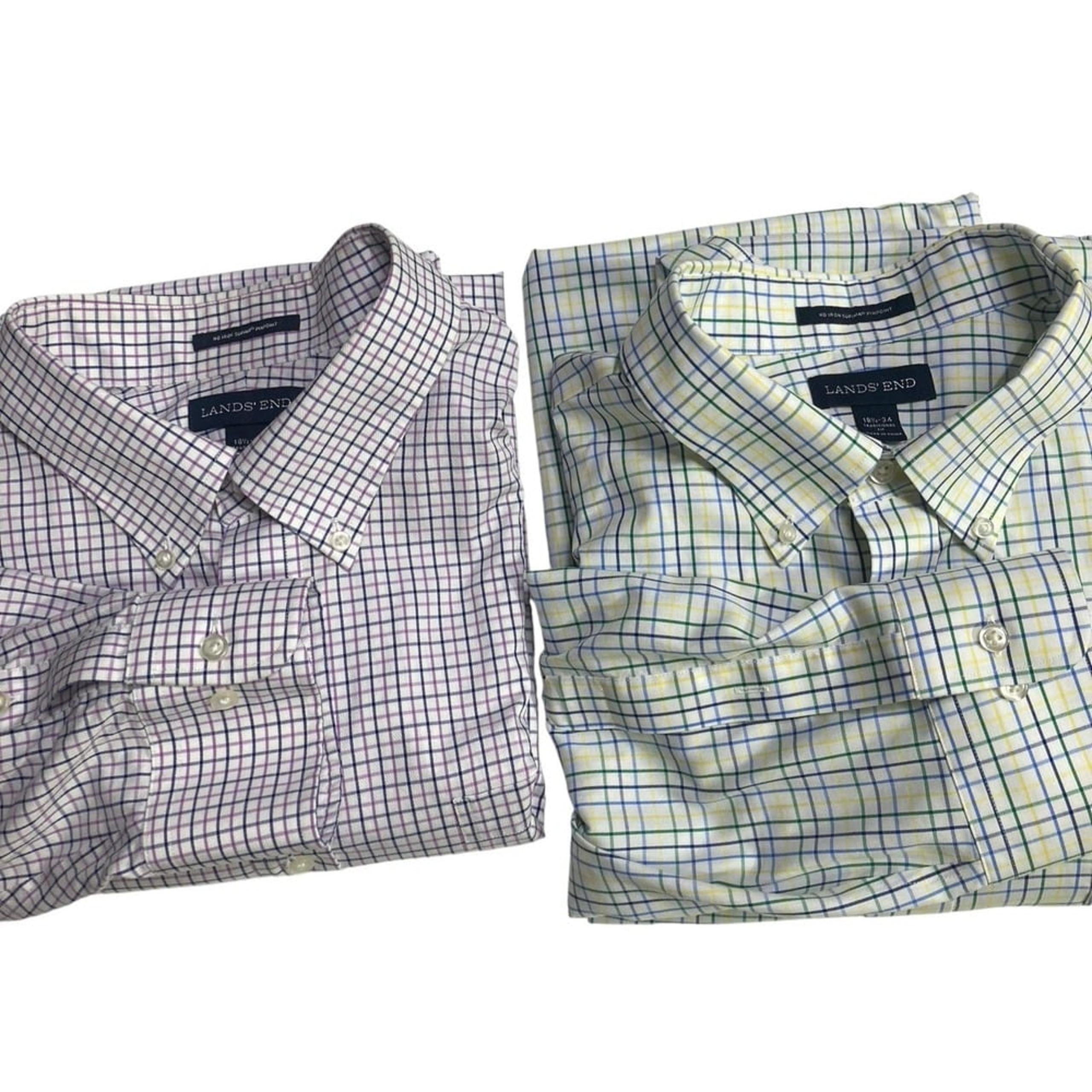 2 Lands End Shirt Mens 18 1/2 34 Plaid Non Iron Button Up Supima Long Sleeve
