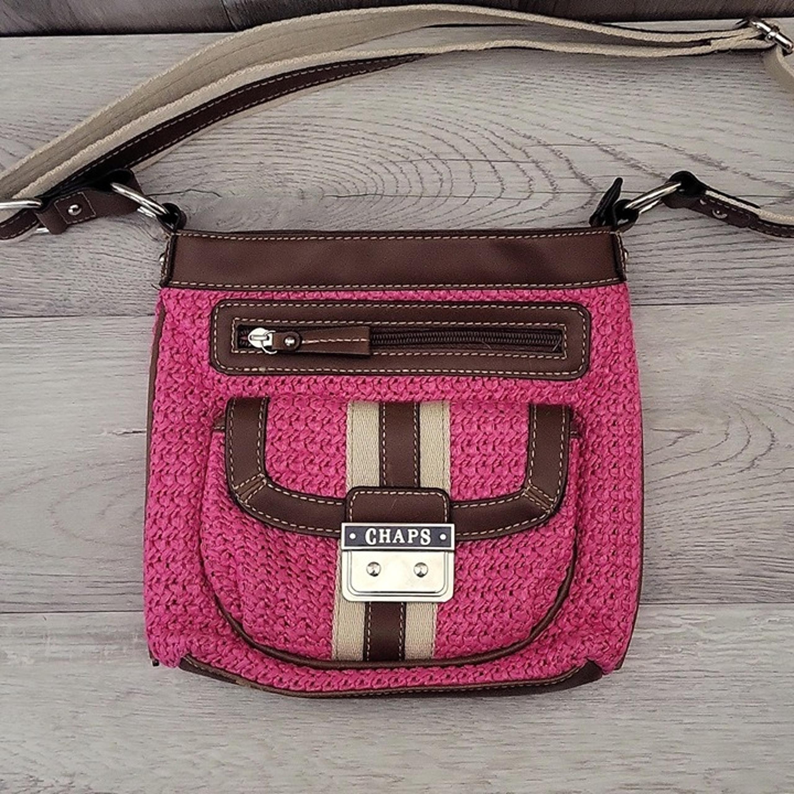 Chaps Pink Brown Woven Faux Leather Multi Pocket Crossbody Bag