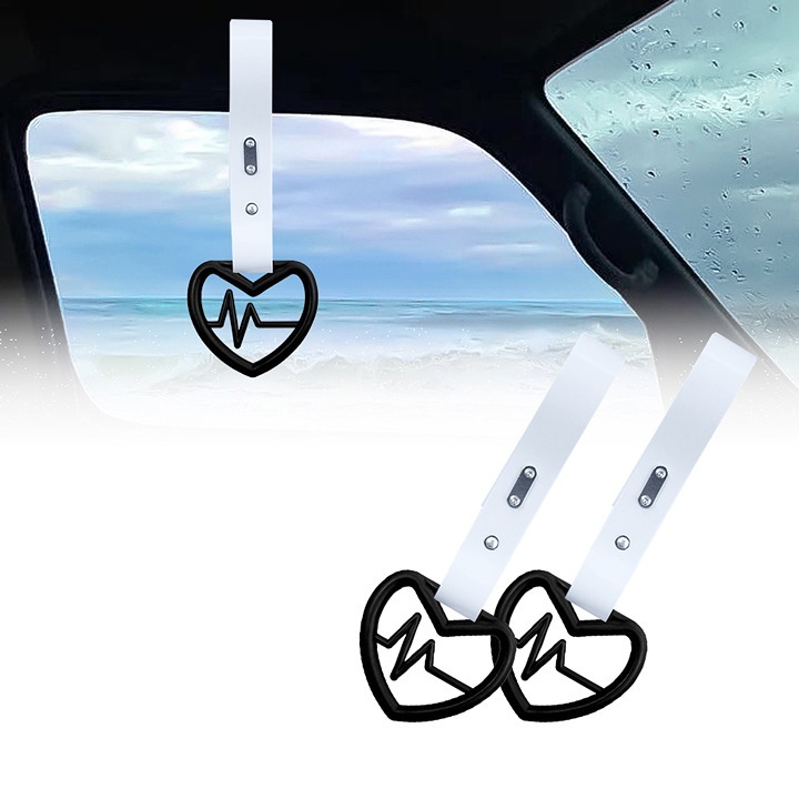 NEW 2PCS Heartbeats Shaped Black JDM TSURIKAWA Handle White Strap Charm Drift