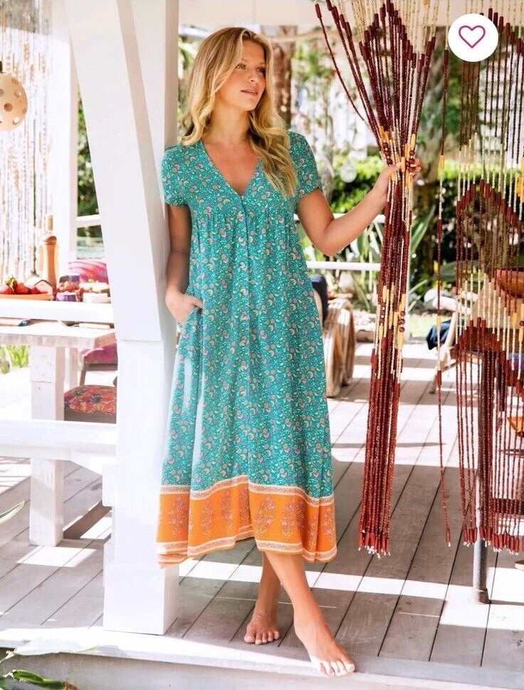 Natural Life Avery Midi Dress Boho Button Down Turquoise Floral