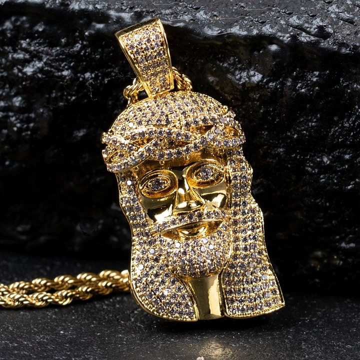 SIMULATED DIAMOND GOLD PLATED BRASS JESUS HEAD PENDANT & 24 ROPE CHAIN NECKLACE