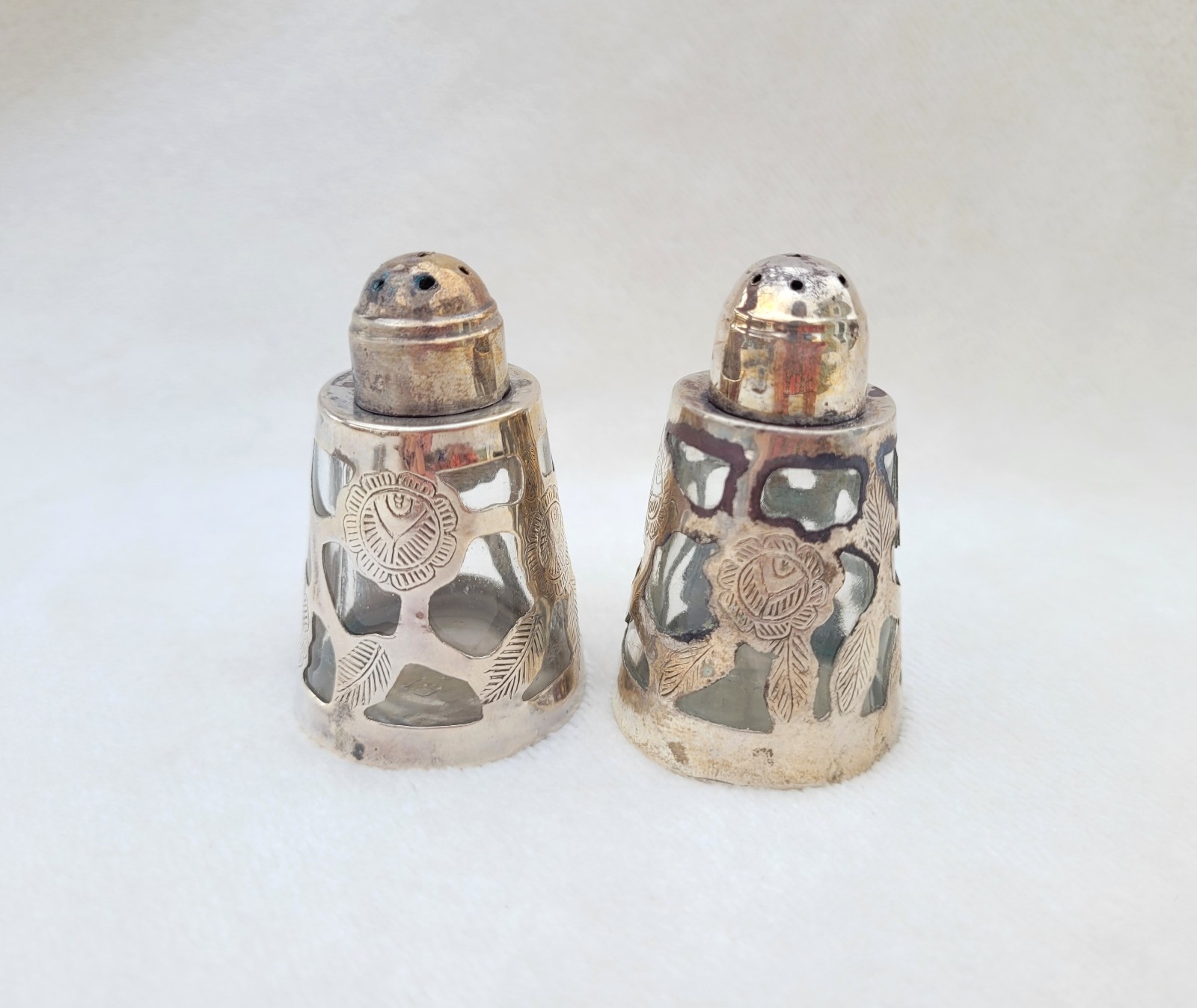 Vintage Mexico Sterling Silver Floral Encased Glass Salt & Pepper Shaker Set