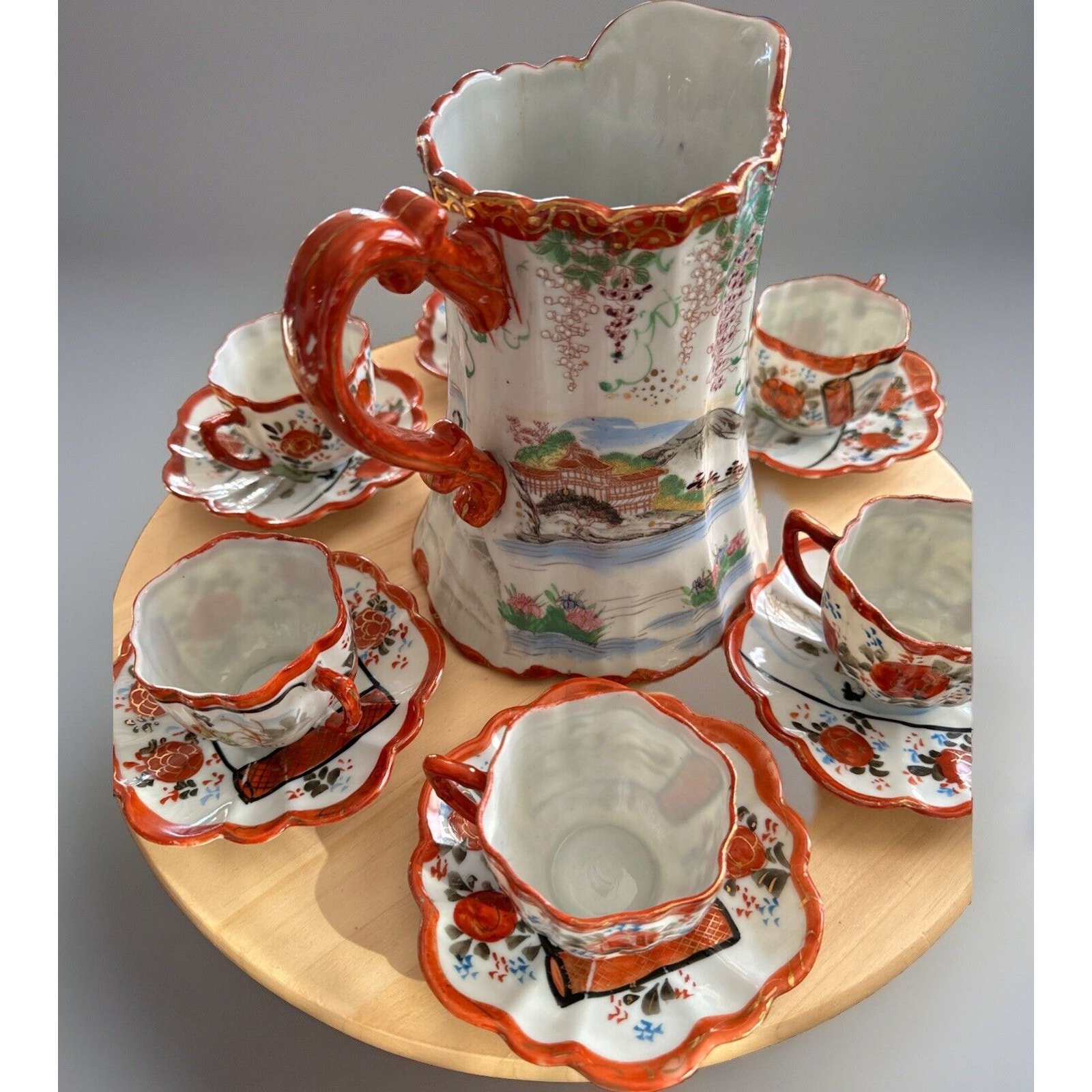 Antique Japanese Character Hand Painted KamaKura Geisha Seaside Tea Set 13 Piece