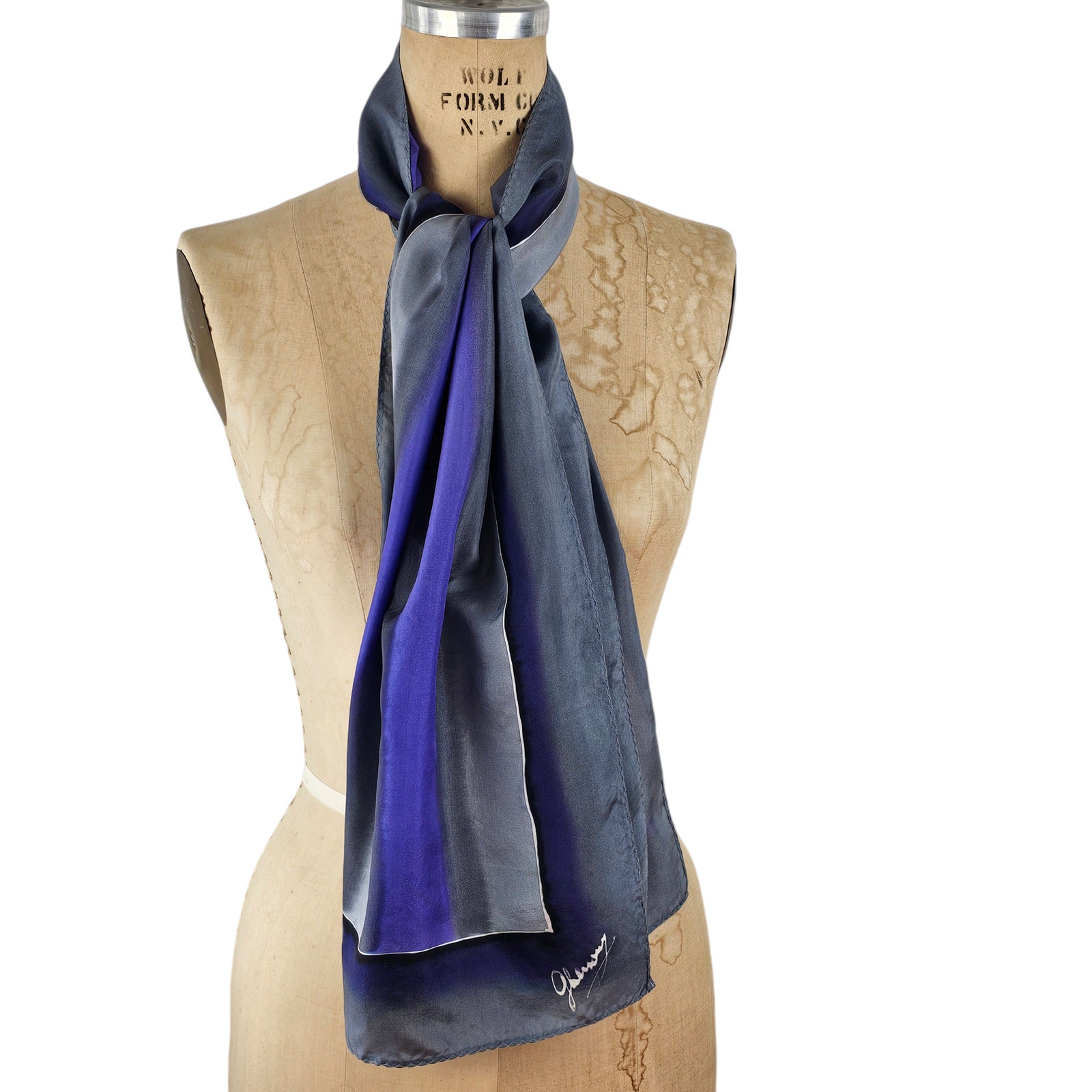 Blue gray silk artisan hand painted scarf signed 16 x 57