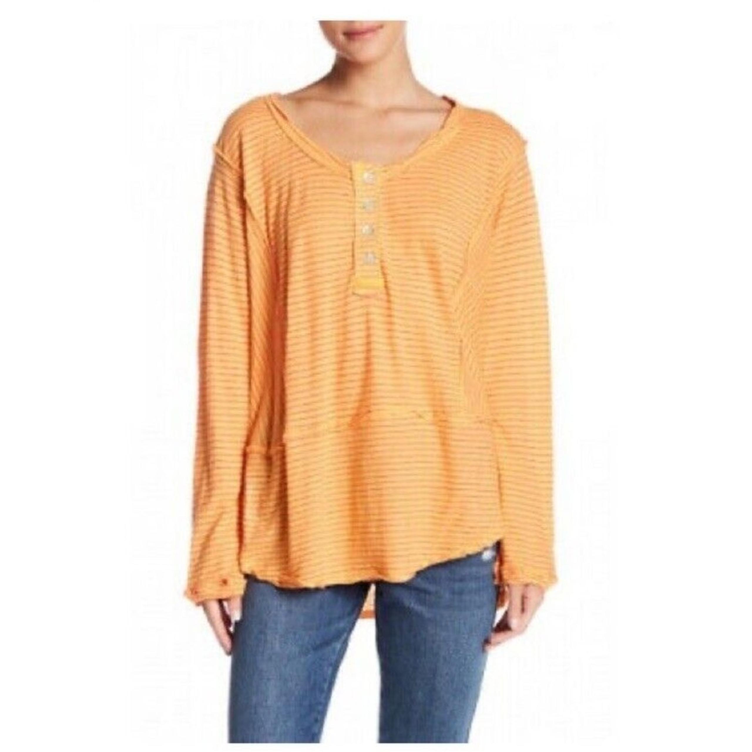 WE THE FREE People Oversized Henley Top Tunic Long Sleeve Orange Striped Small