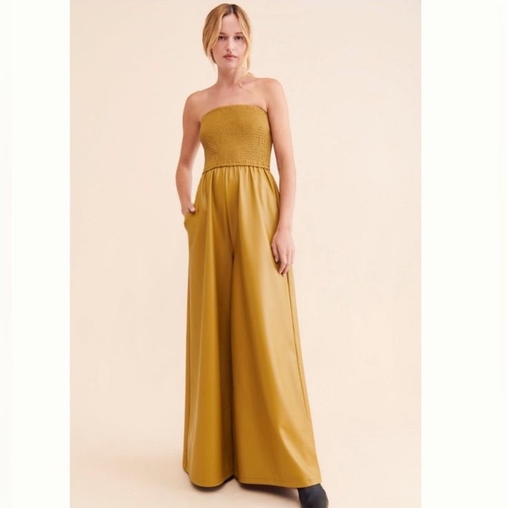 Anthropologie Pilcro Faux Leather Smocked Wide-Leg Jumpsuit Size Large