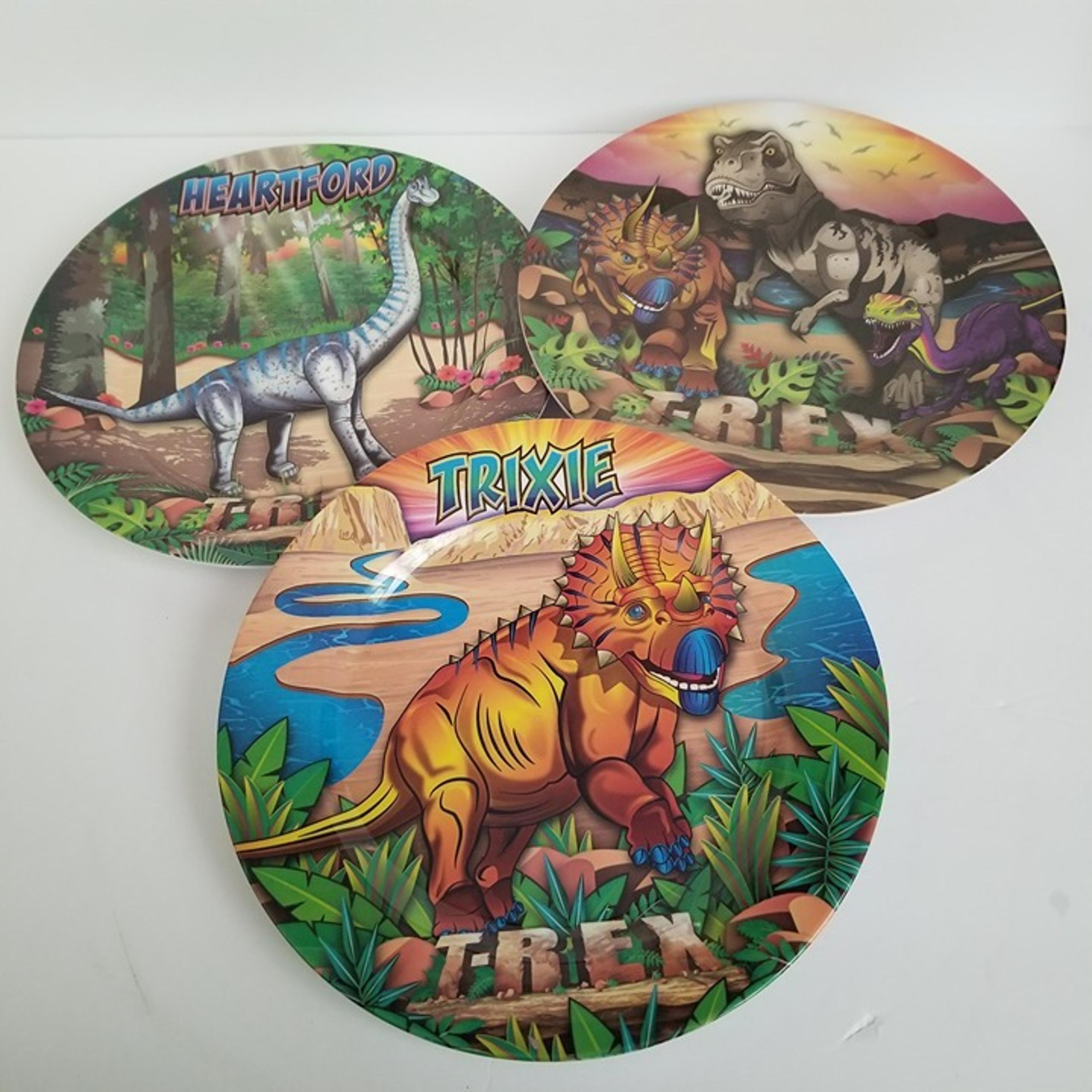 Set Of 3 Landry's Inc. MELAMINE 10" Dinner Plates T-REX, HEARTFORD, TRIXIE