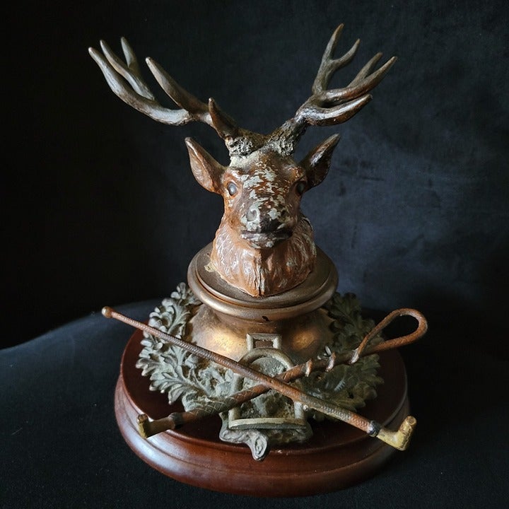 Antique Cold Painted Bronze and Copper Stag Head Inkwell c 1800-1900