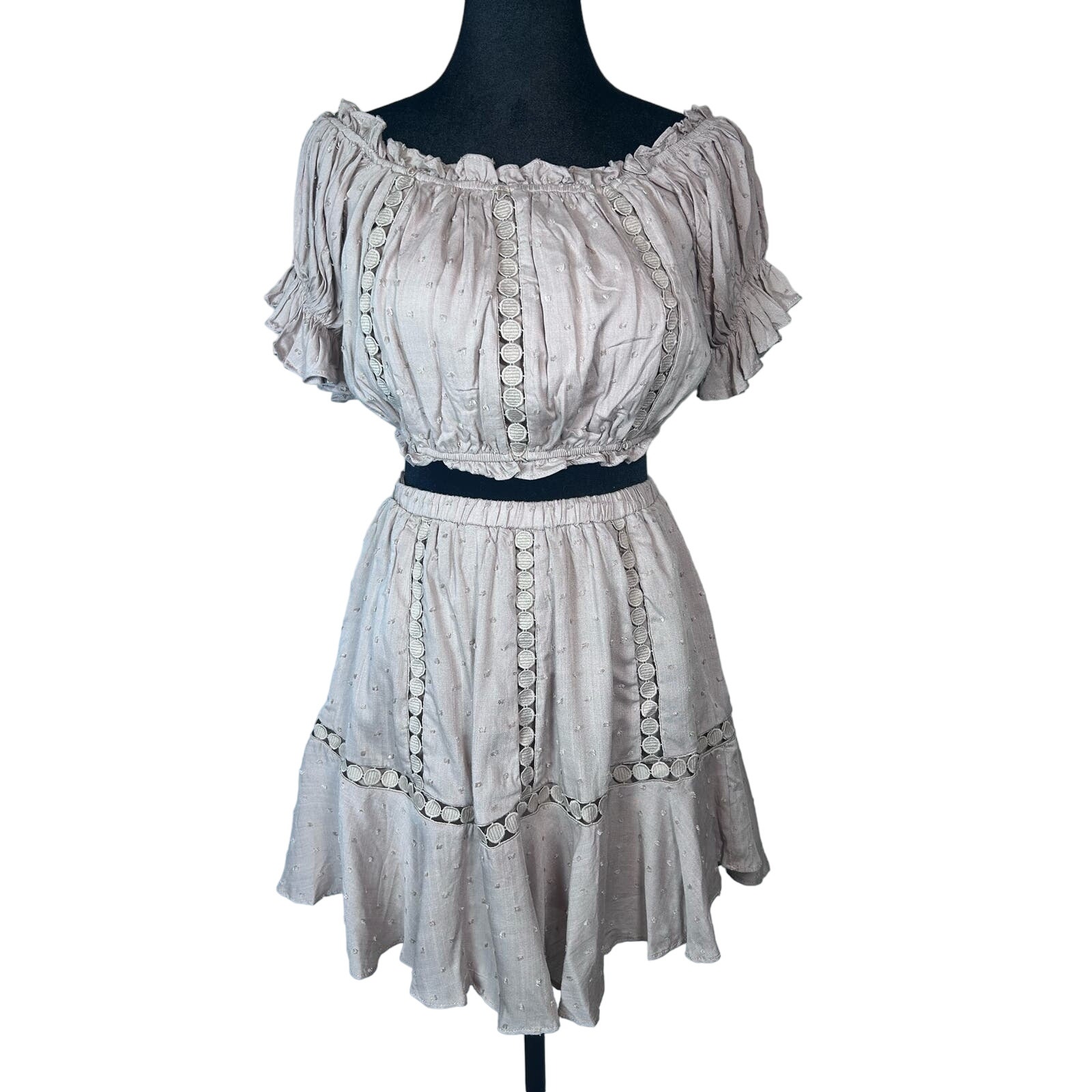 Mable Peasant Crop Top and Skort Set Size S Mocha Brown Eyelet Rayon Ruffle NWT
