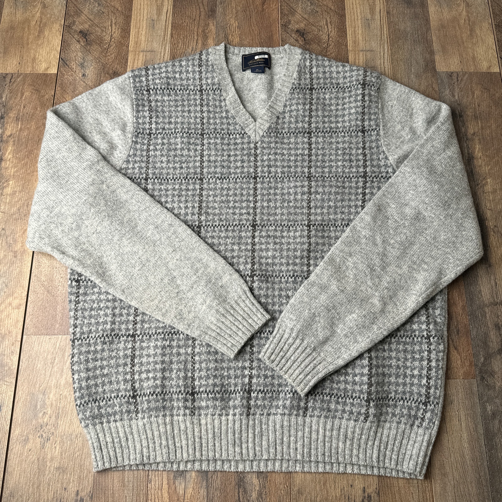 Vintage Brooks Brothers Sweater Men's XL Gray 100% Shetland Wool Plaid Grandpa
