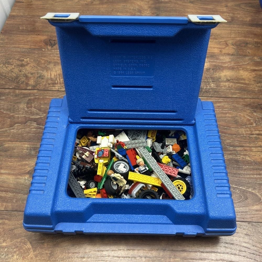 Vintage Lego Storage Container Box Case Blue w/ 2.2 # of Pieces, Tires, Minifigs