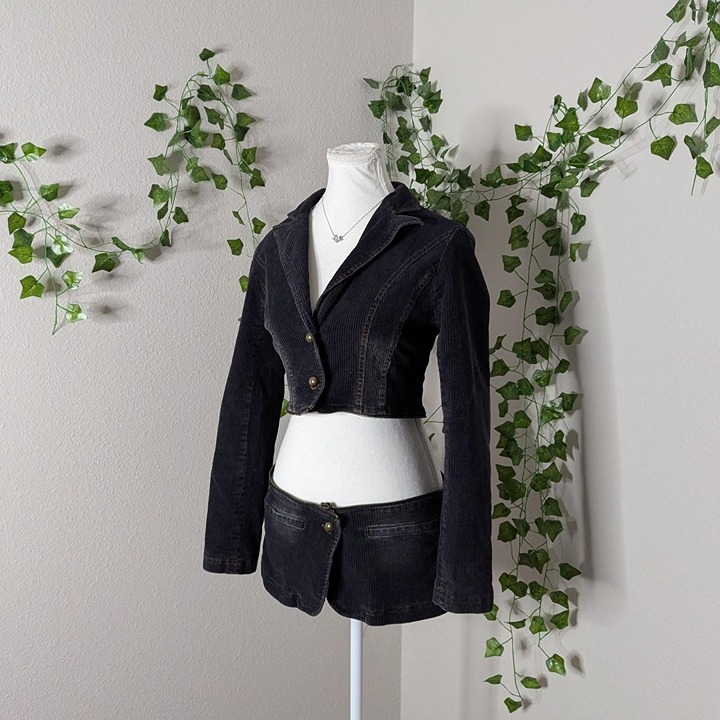 designer gothic corduroy blazer / jacket, buttons up the front with golden metal