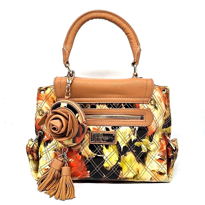 Sharif Floral Multicolor Small Tan Patent Leather Studded Gold Hardware Purse