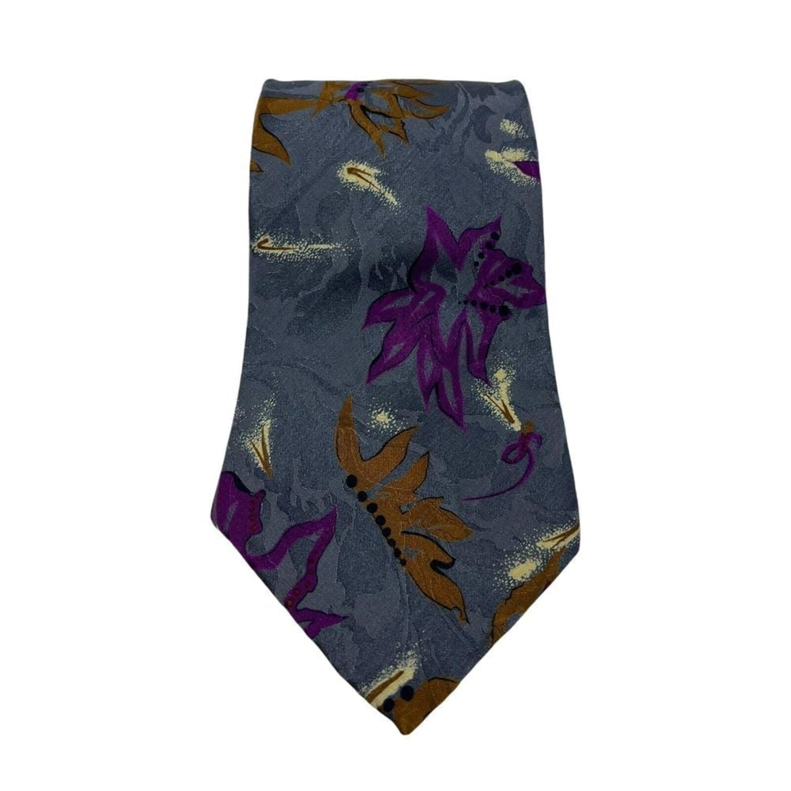 Men's Necktie Cezani Silk L56" W3.75" Multicolor Leaves 90s Style Blue Tie