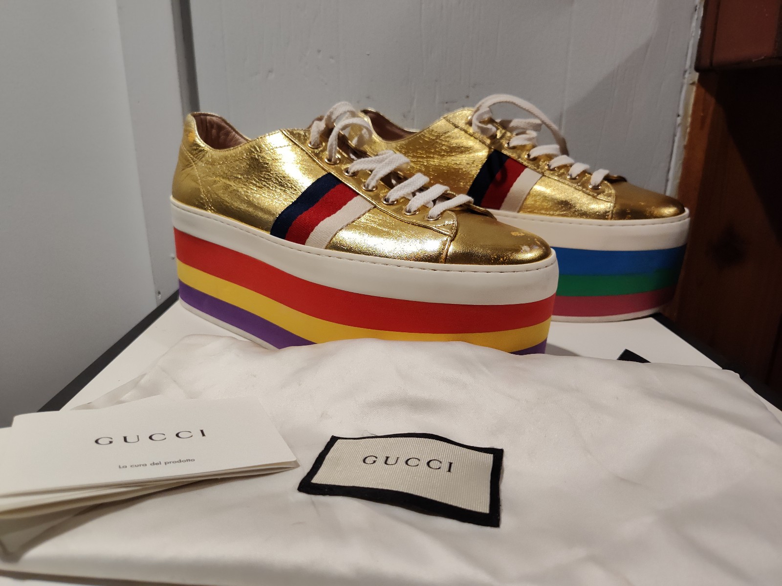 GUCCI Gold Napa Silk Chunky Platform Sneakers - Made in Italy -Women's Size 39