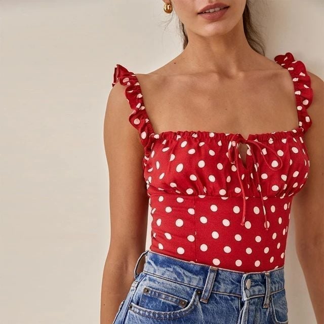 Commense Retro Red Sweetie Polka Dot Cami Crop Top Ruffle Strap Blouse XS