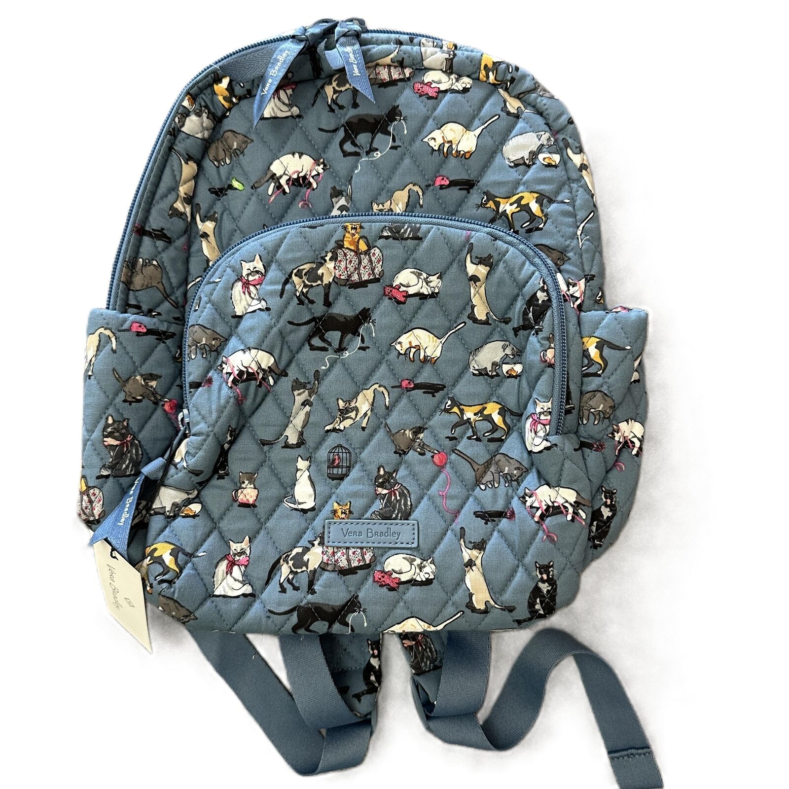 New Vera Bradley Blue Quilted Cat Print Cat's Meow Compact Backpack OS