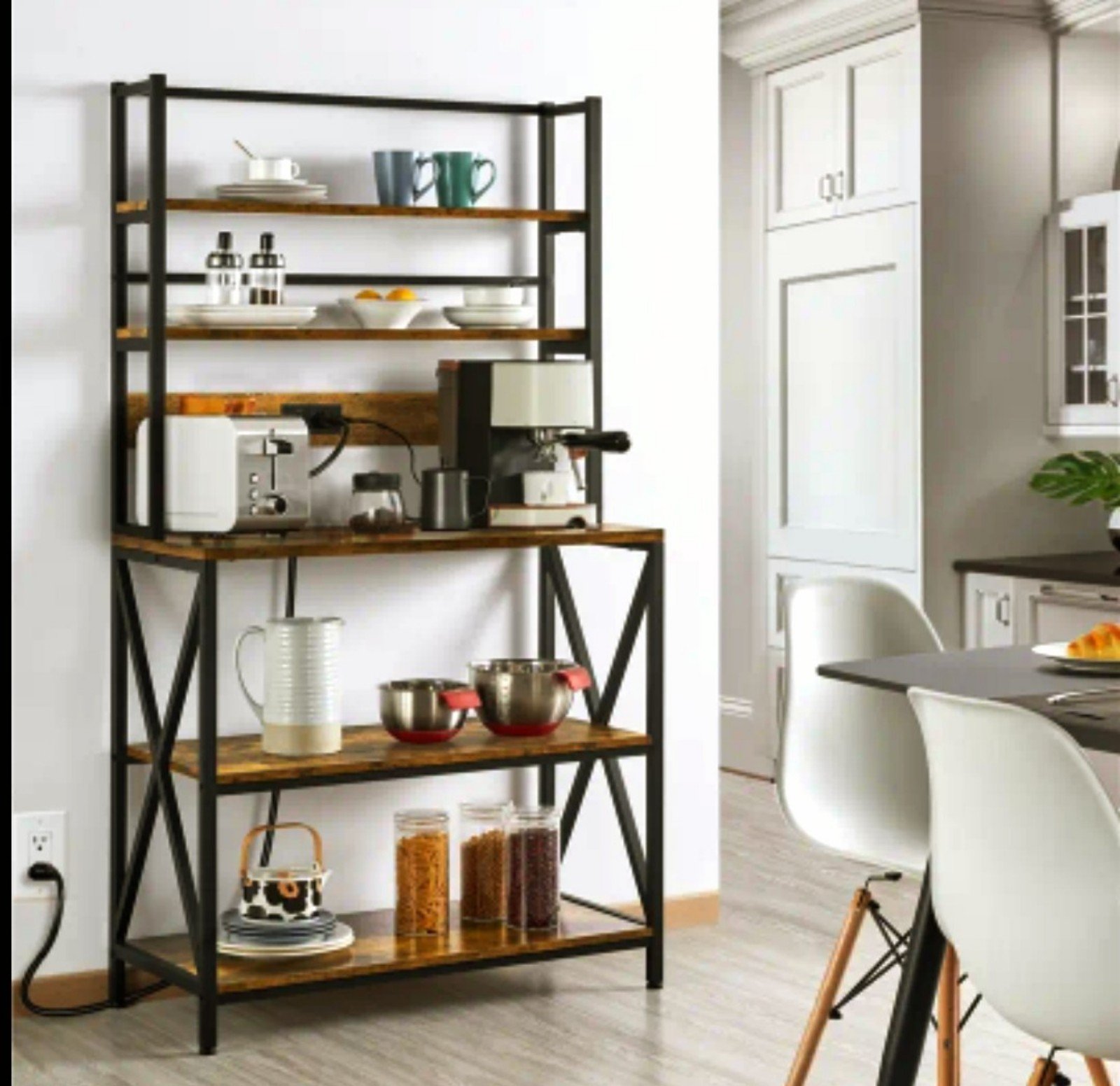 5-Tier Kitchen Bakers Rack with Power Outlets & Hutch, Rustic Industrial