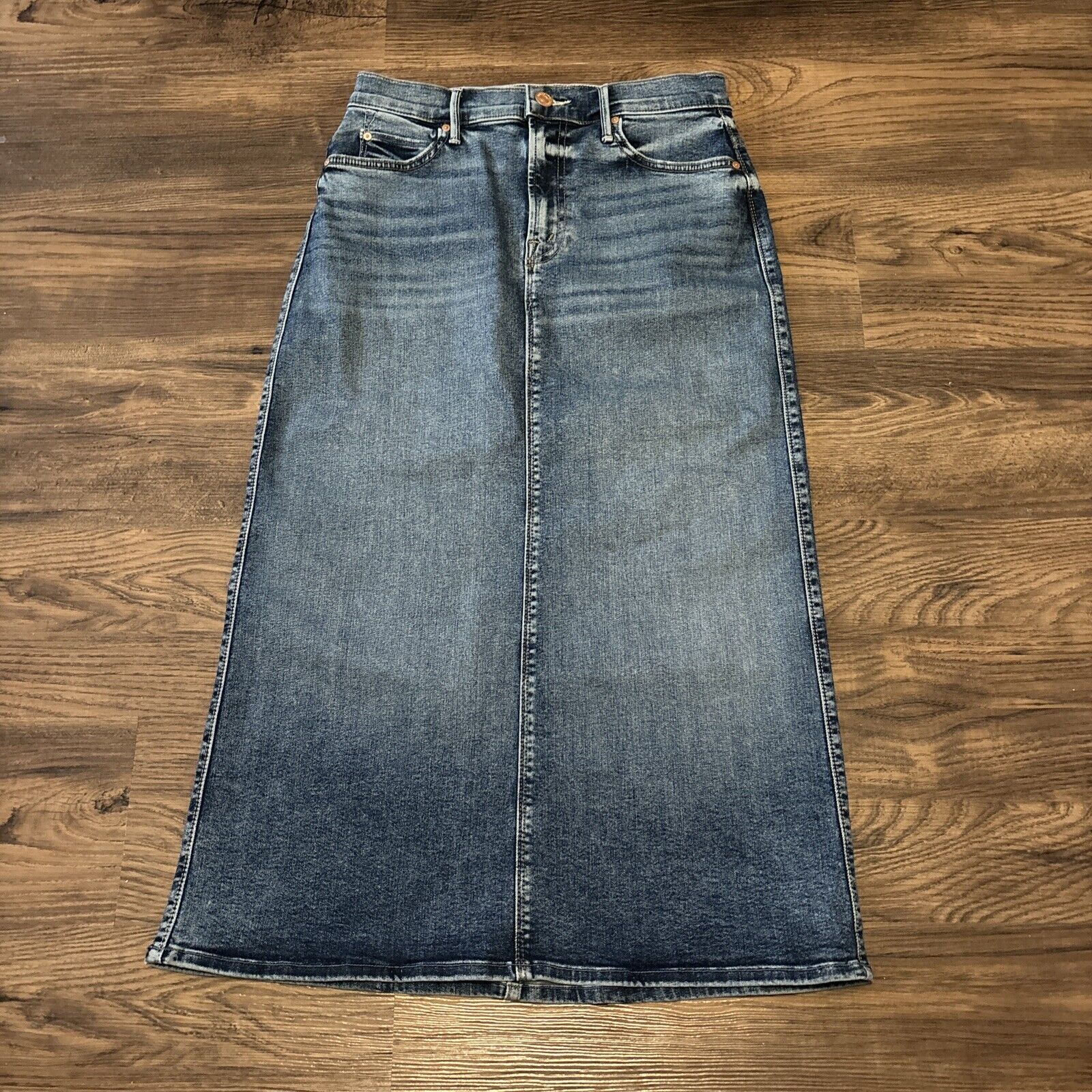 Mother Women's Size 26 Solid Denim Swooner Straight A Line Midi Skirt Dark Blue