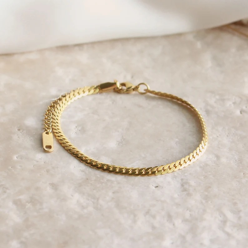 18K Harper Bracelet - Flat Cuban Gold Chain Bracelet - Simple Flat Gold Cuban