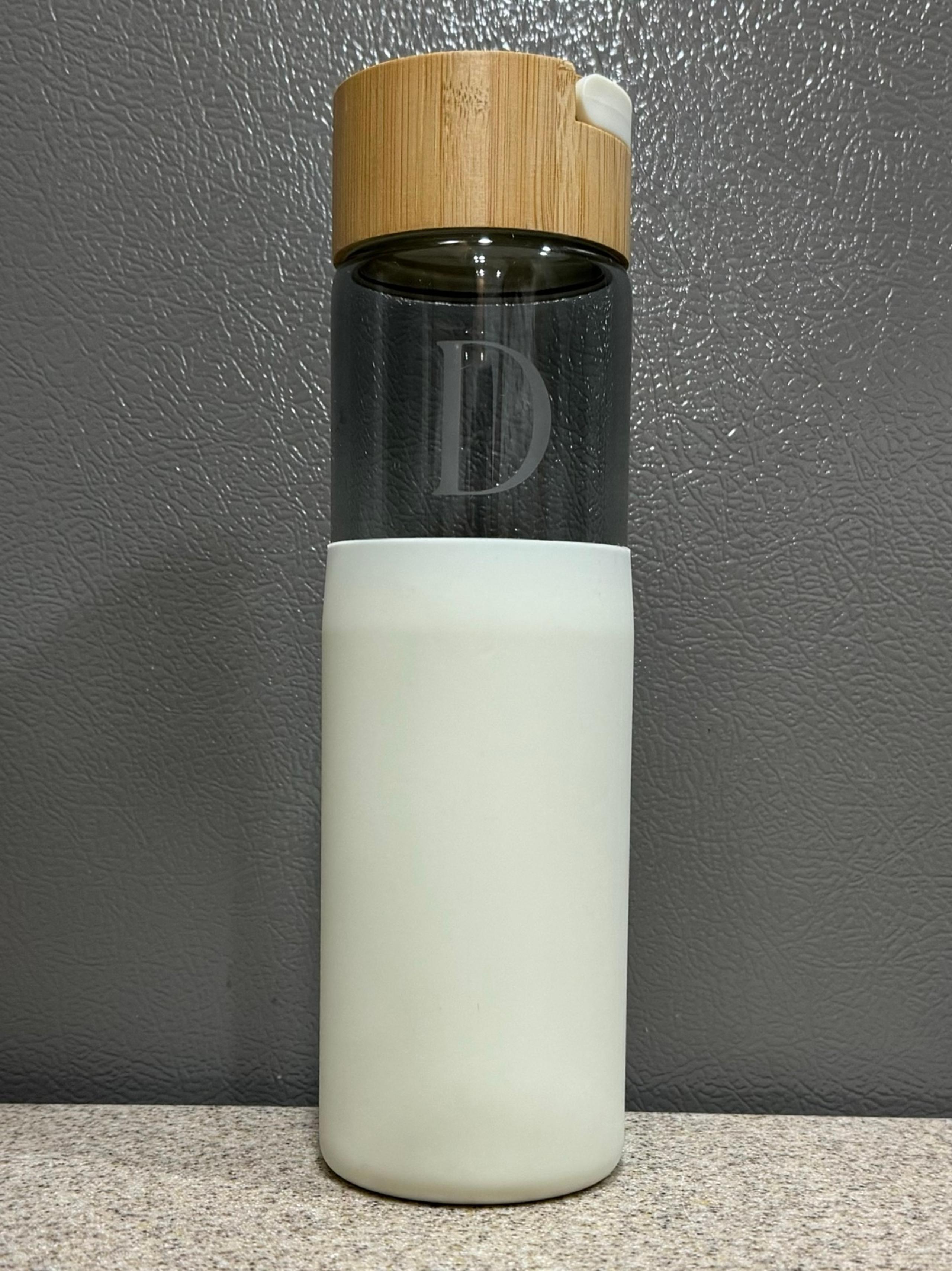 Anthropologie Grey Glass Water Bottle- Monogrammed Letter “D” Unused! Wood Lid