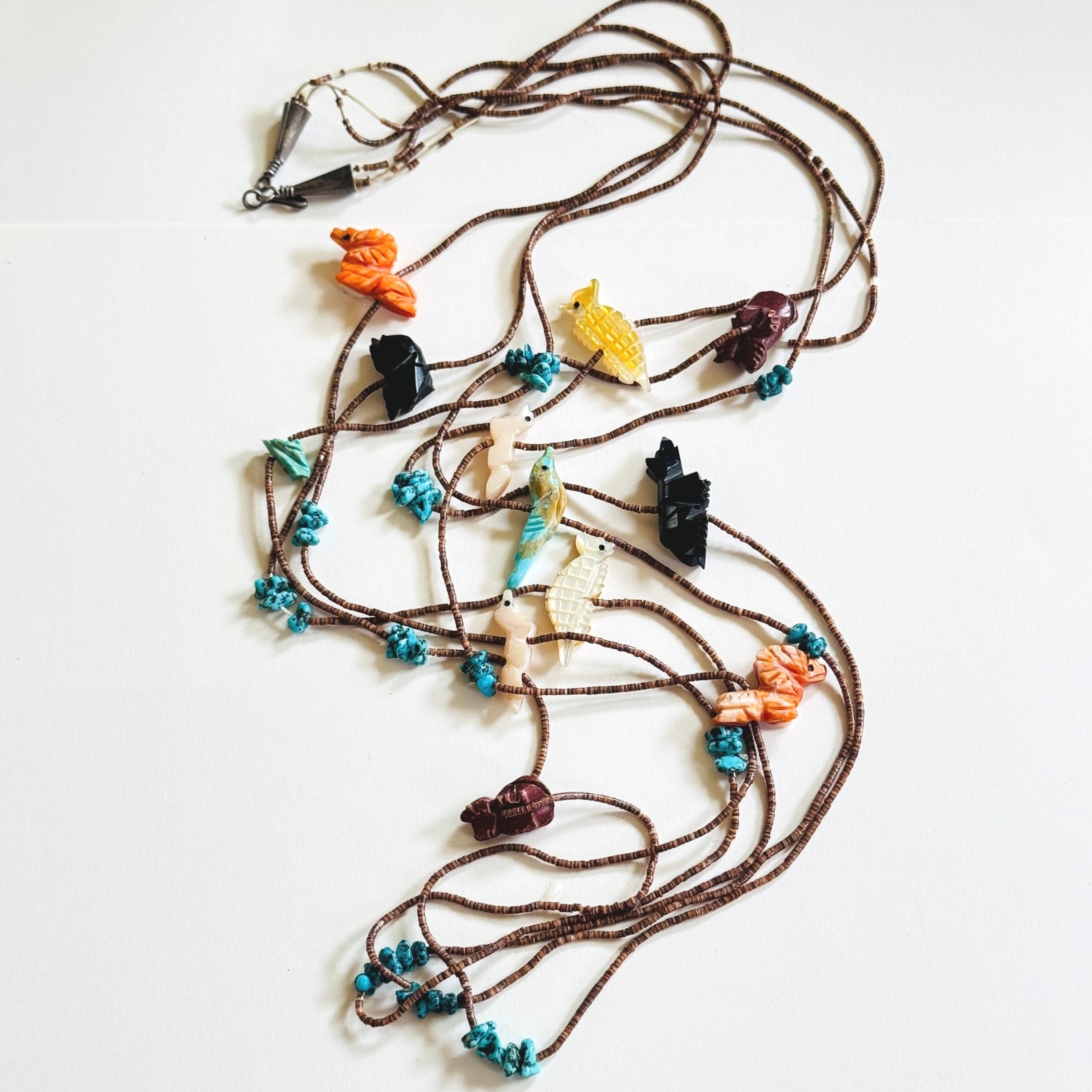 VTG Fetish Turquoise Zuni bird porcupine turtle Coyote Necklace Sterling As Is