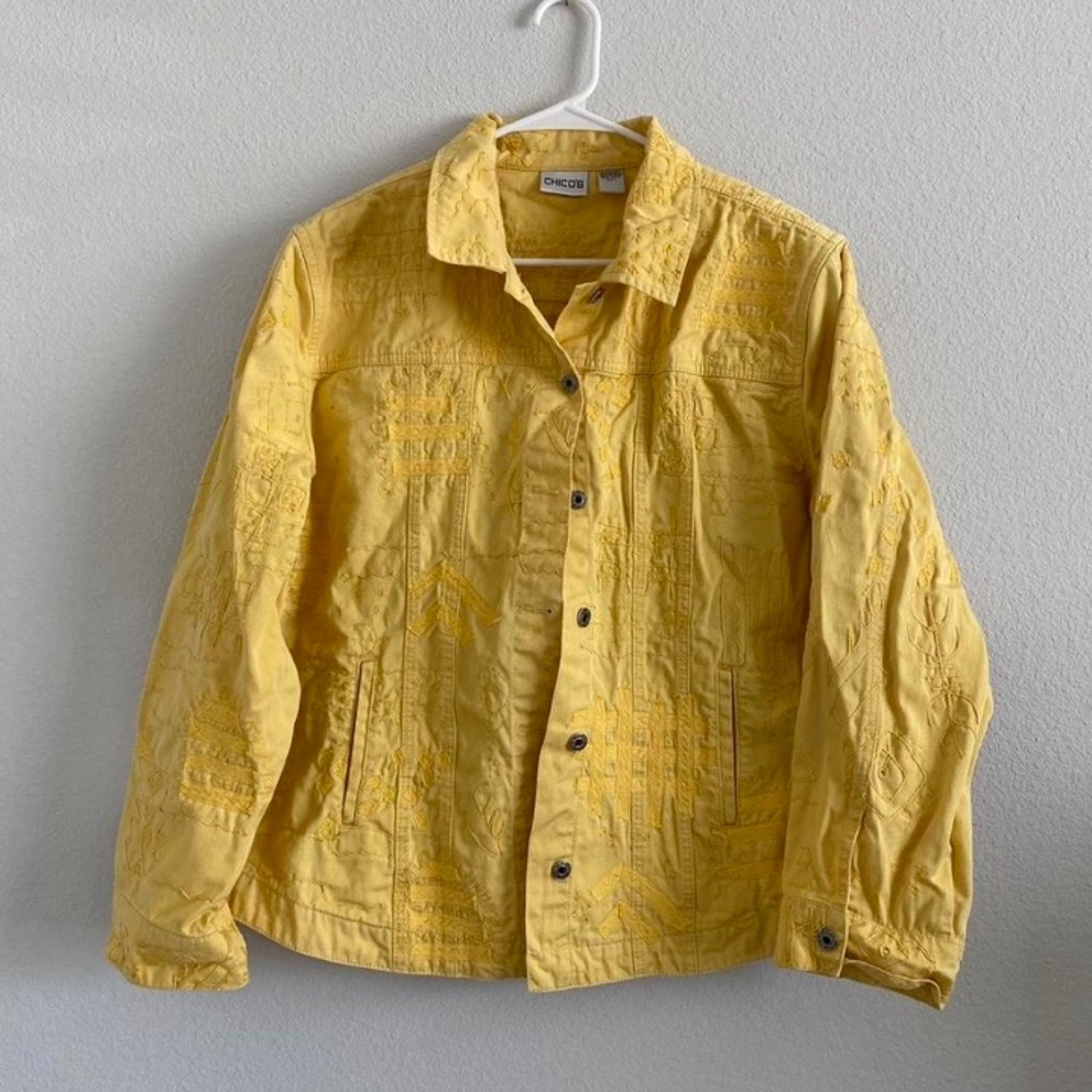 CHICO’S Yellow Embroidered Button-Up Jacket Size 3 Large 100% Cotton
