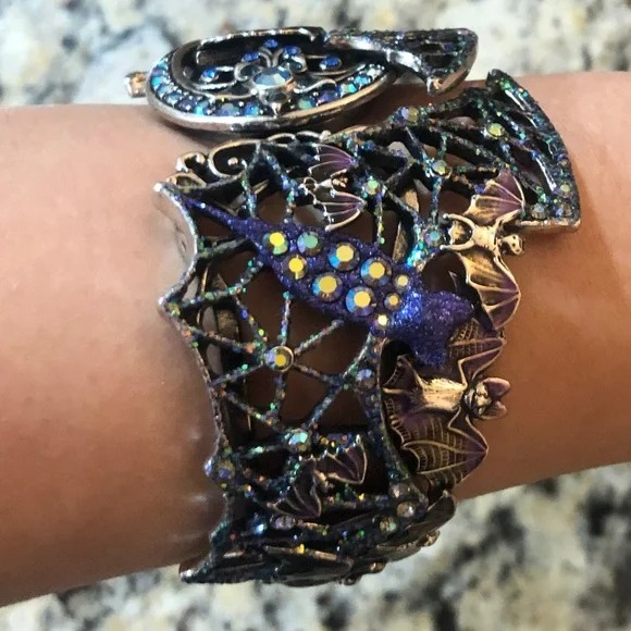 *RARE* Kirks Folly Bat Cuff Bracelet! Purple bats, rhinestones, flowers, moon