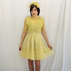60s Yellow Party Dress with Lace Jacket and Floral Headpiece