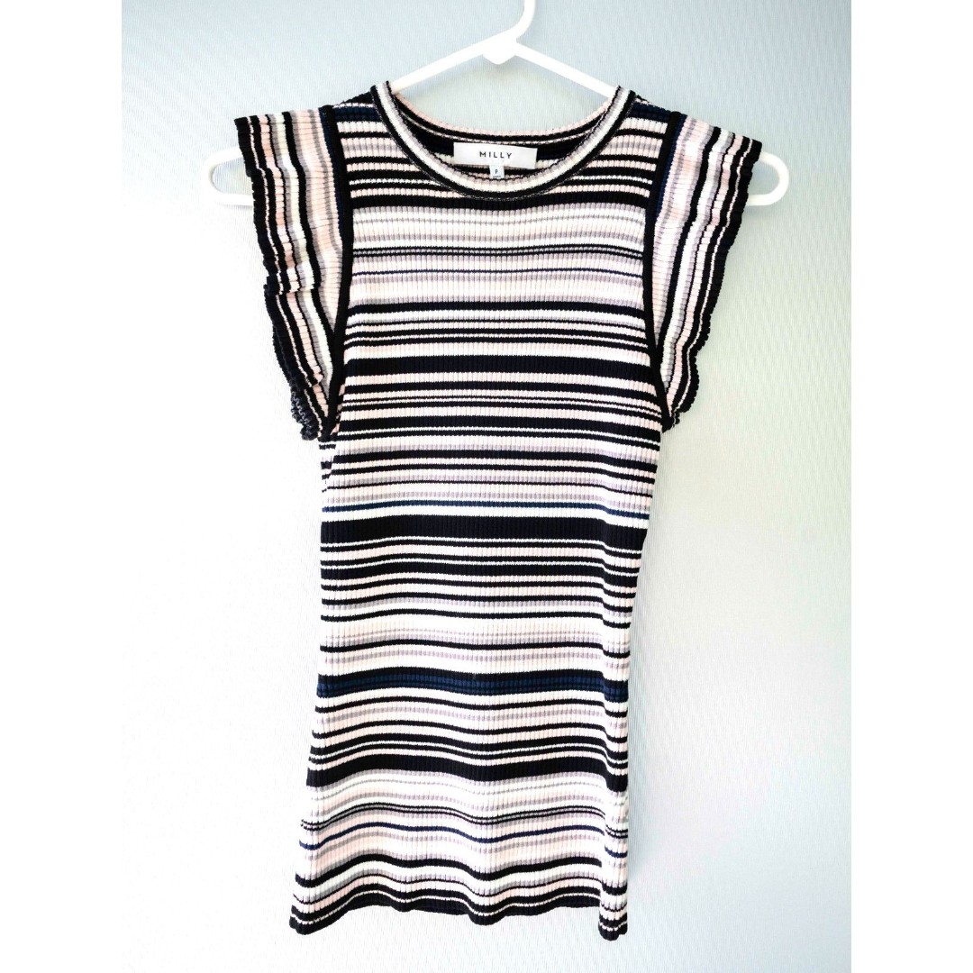 Milly Rib Knit Ruffle Sleeve Stripe Stretch Bodycon Designer Shirt Blouse Top P