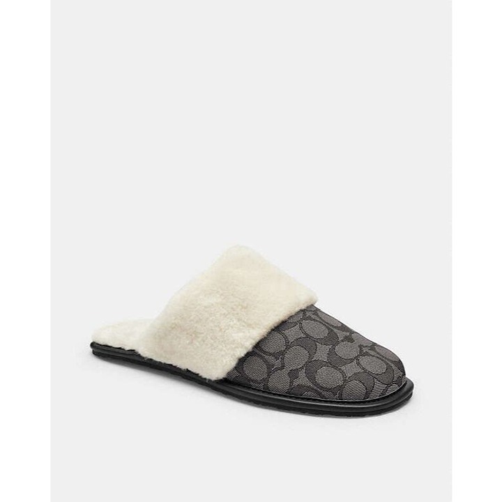 Coach Women Zena Slippers Smoke Coal Black Shearling Lined Logo Mules Size 8