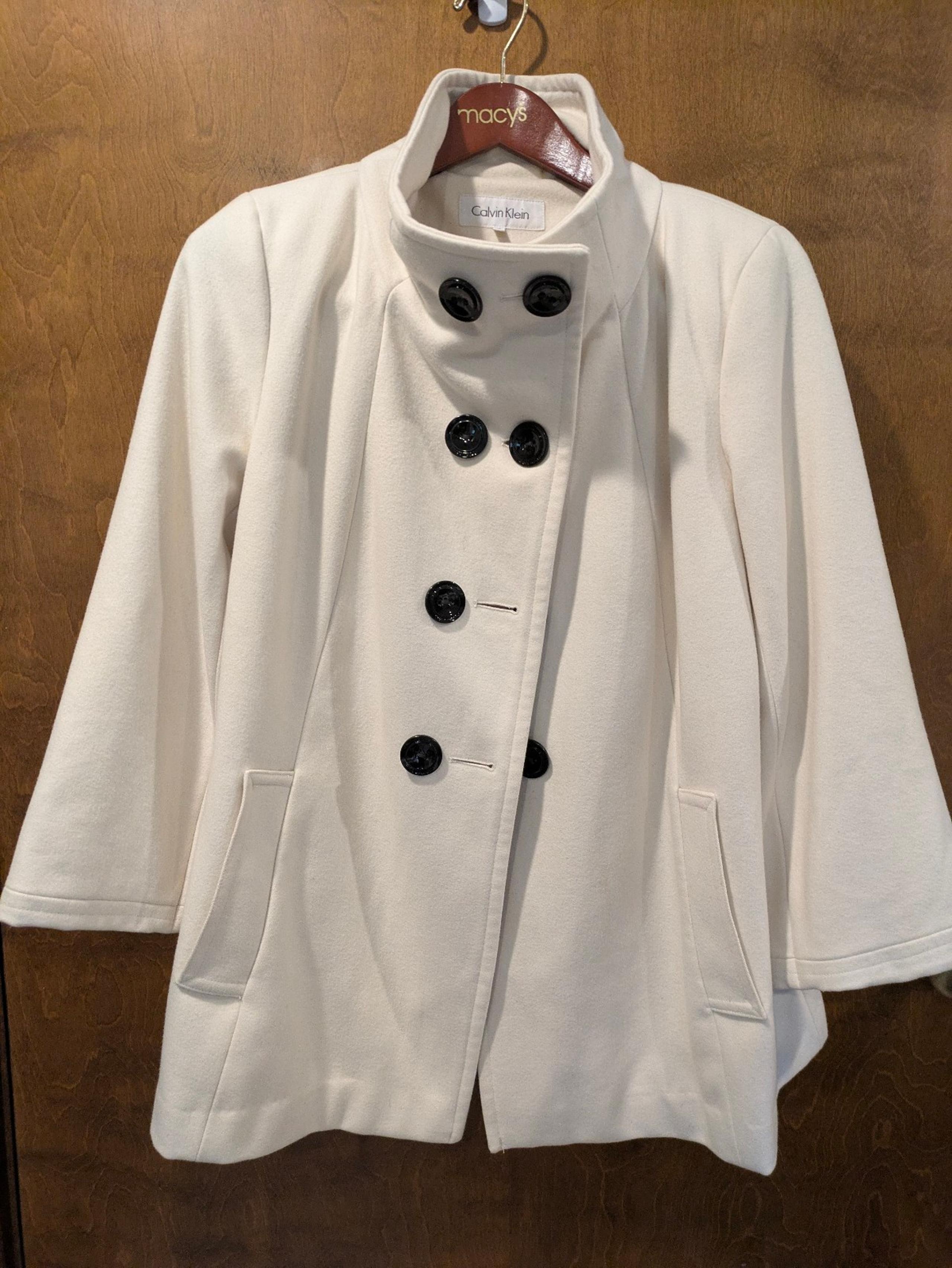 Calvin Klein Women's Ivory/Cream Wool Blend Double-Breasted Peacoat Coat Sz 14