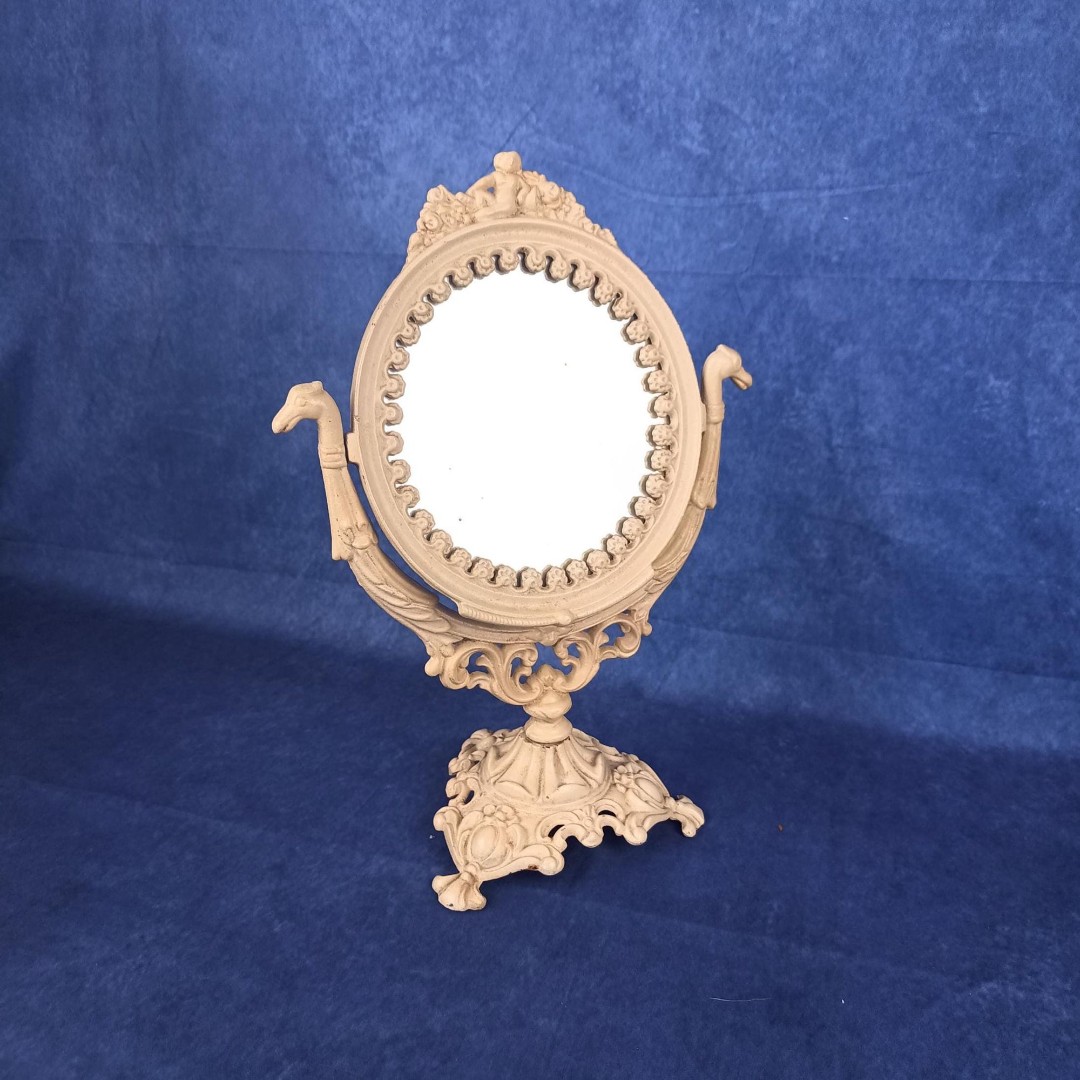 Vanity Mirror On Stand Intricate Cast Iron Frame And Base Cream Color Paint