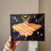 Rosy Maple Moth Original Art Hand painted 8x10 inch black canvas Yellow and Pink