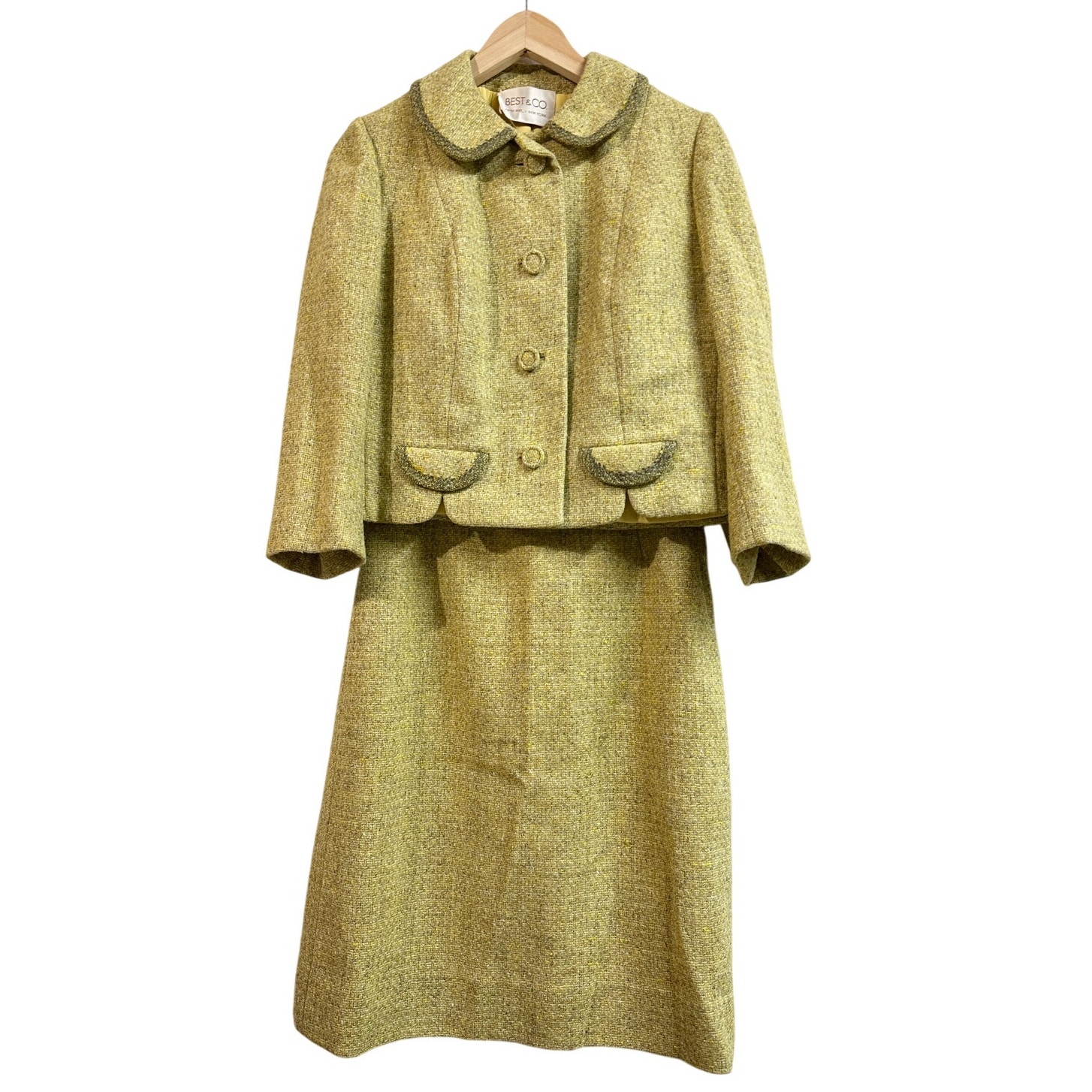 Vintage 1950s Best & Co Yellow Green Wool Tweed Skirt Suit Blazer Women's Medium
