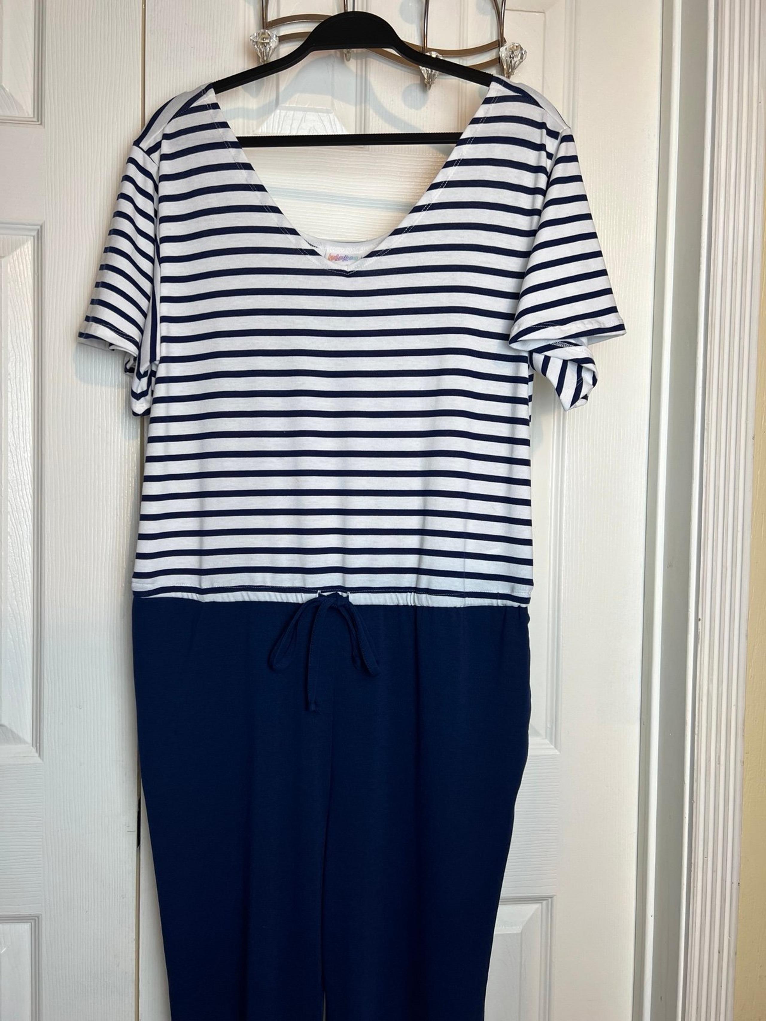LuLaRoe jumpsuit white blue stripe S